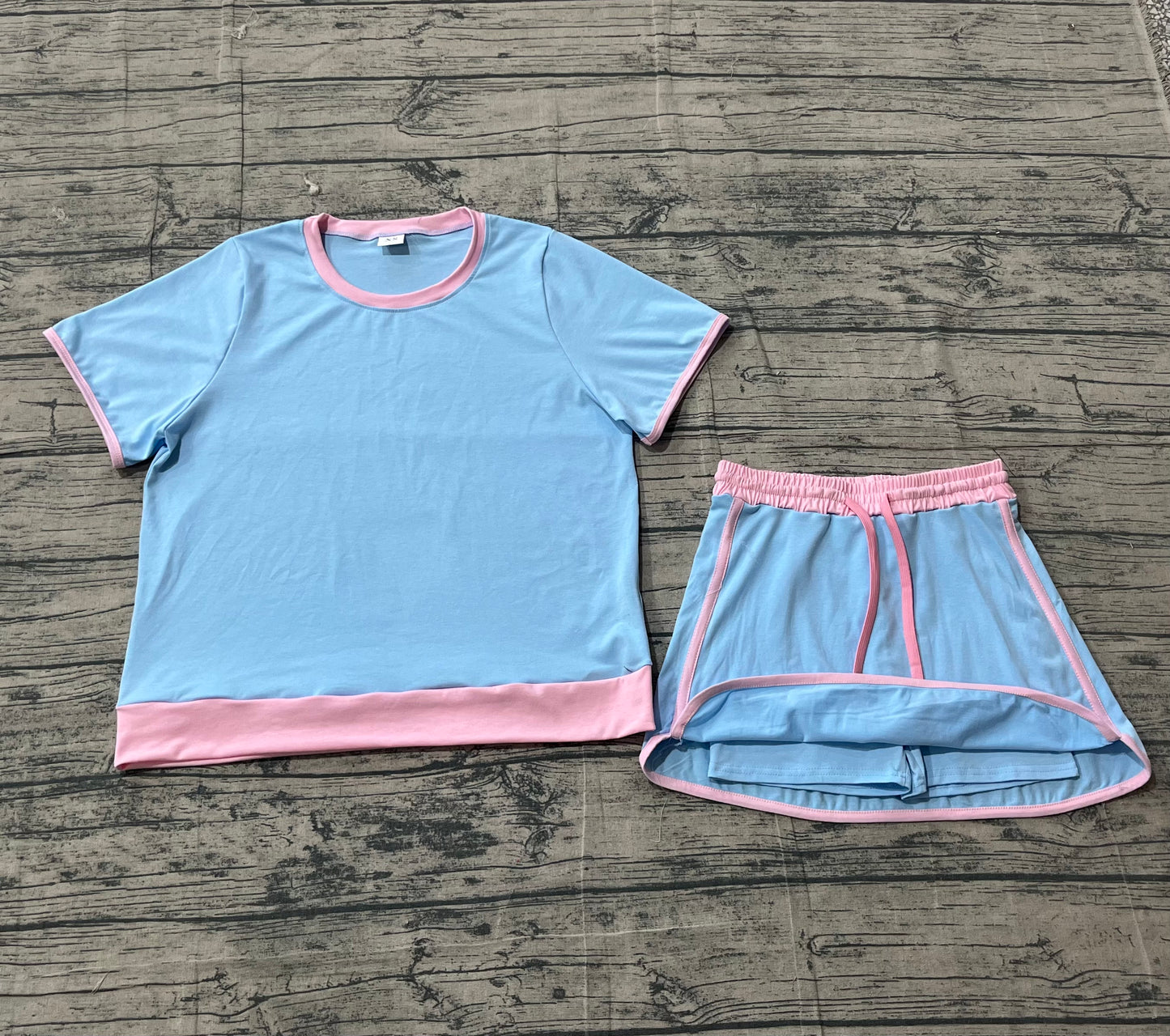 Adult Women Short Sleeves Shirt Skirt Shorts Blue Cotton Clothes Set RTS