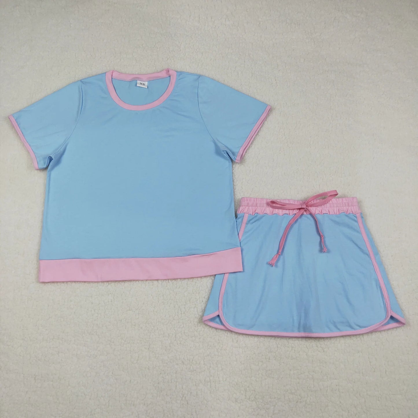 Sibling Baby Girls Adult Women Short Sleeves Blue Cotton Shirts Skirts Shorts Sets Summer Clothes RTS