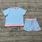 Adult Women Short Sleeves Shirt Skirt Shorts Blue Cotton Clothes Set RTS
