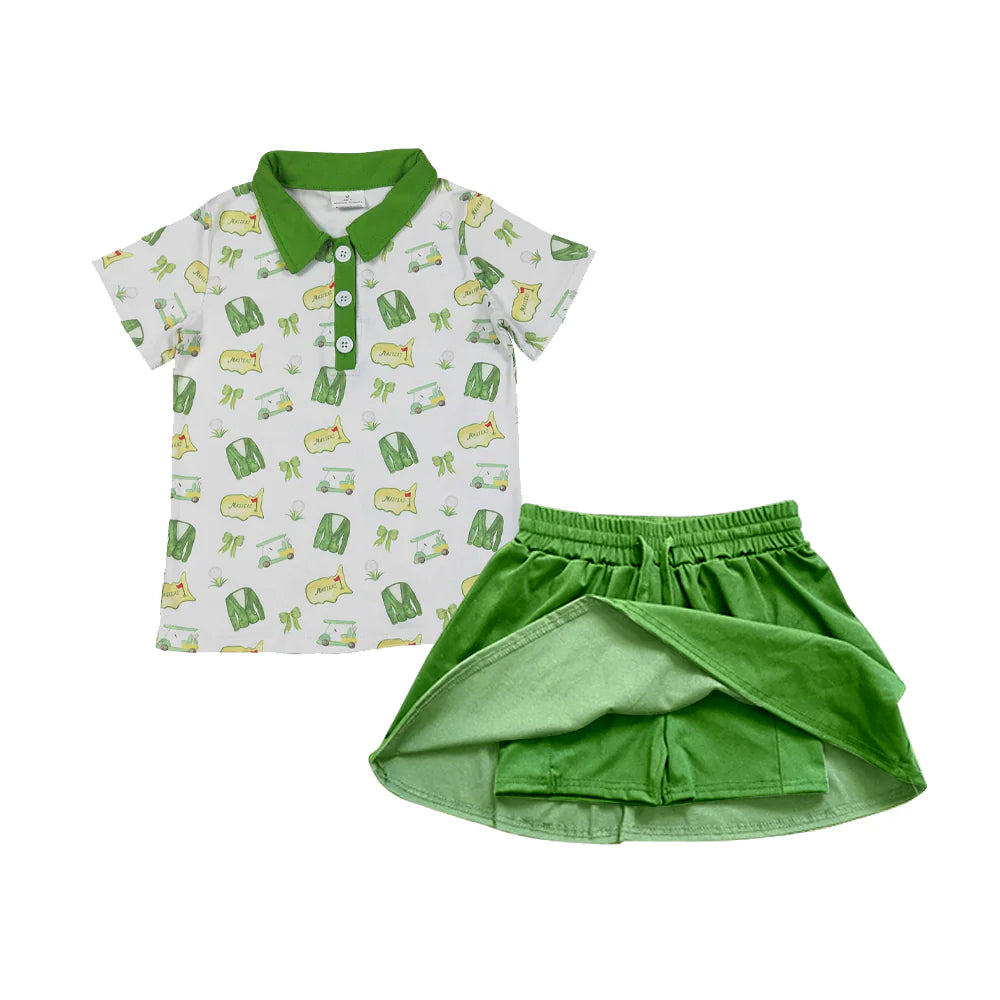 ( Moq 5 ) Preorder Baby Girls Short Sleeves Golf Bows Tops Green Shorts Skirt Clothes Set