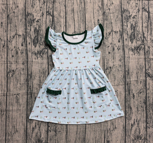 ( No moq ) Preorder Baby Girls Kids Short Sleeves Ducks Pockets Knee Length Dress