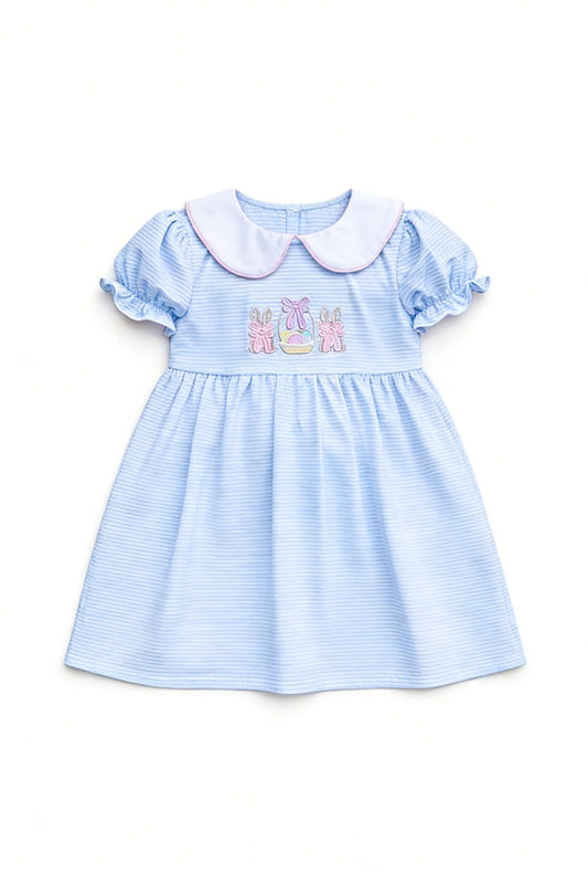( Moq 5 ) Preorder Baby Girls Kids Short Sleeves Rabbits Bows Eggs Easter Blue Stripes Knee Length Dress