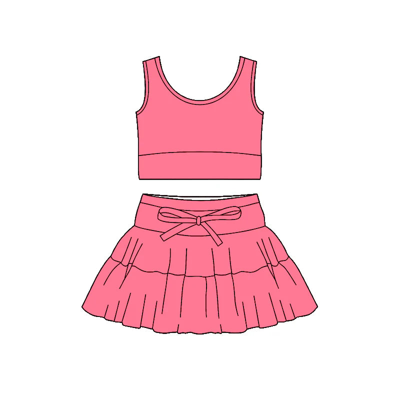 ( Moq 5 ) Preorder Baby Girls Kids Sleeveless Vest Tops Ruffle Shorts Skirt Yoga Active Pink Set