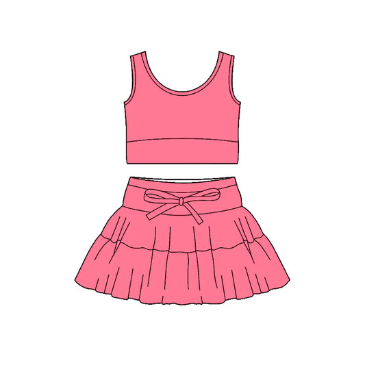 ( Moq 5 ) Preorder Baby Girls Kids Sleeveless Vest Tops Ruffle Shorts Skirt Yoga Active Pink Set
