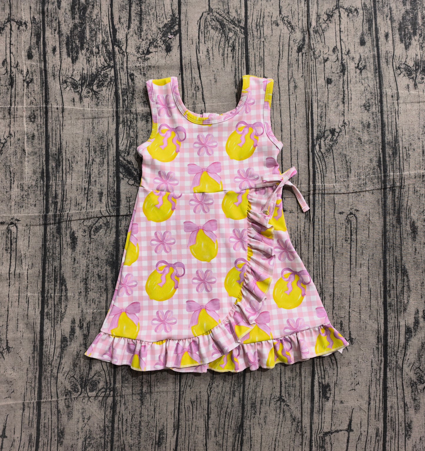 Baby Girls Kids Sleeveless Lemons Bows Pink Plaid Yoga Active Shorts Knee Length Dress RTS