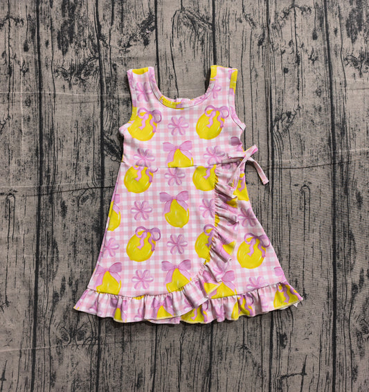 ( No moq ) Preorder Baby Girls Kids Sleeveless Lemons Bows Pink Plaid Yoga Active Shorts Knee Length Dress