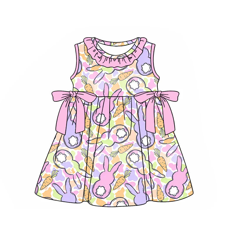 ( Moq 5 ) Preorder Baby Girls Kids Sleeveless Rabbits Carrots Camo Bows Easter Knee Length Dress