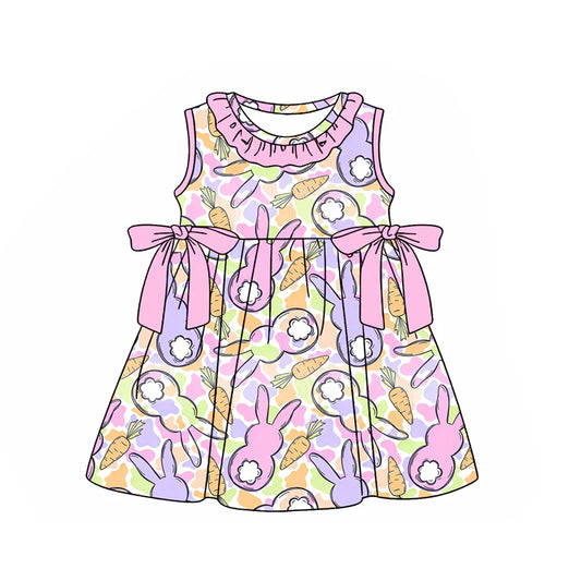 ( Moq 5 ) Preorder Baby Girls Kids Sleeveless Rabbits Carrots Camo Bows Easter Knee Length Dress