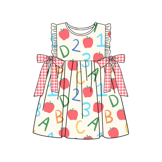 ( Moq 5 ) Preorder Baby Girls Kids Sleeveless Apple Plaid Bows Back to School Knee Length Dress