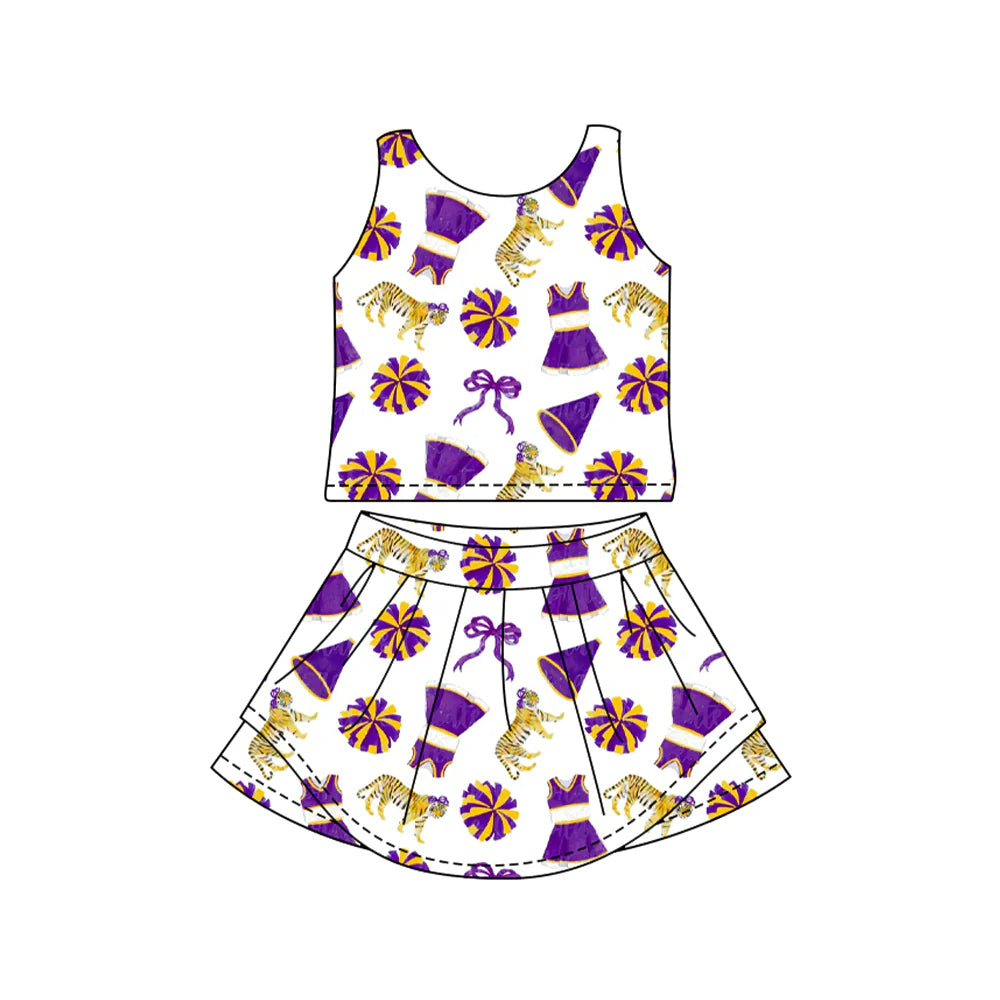 ( Moq 5 ) Preorder Baby Girls Kids Sleeveless Tigers Purple Bows Tops Shorts Skirt Team Cheer Yoga Set