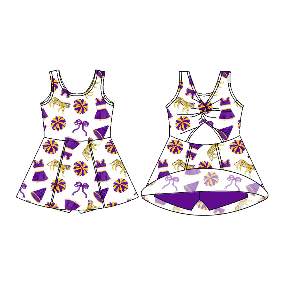 ( Moq 5 ) Preorder Baby Girls Kids Sleeveless Tigers Purple Bows Team Cheer Yoga Shorts Knee Length Dress