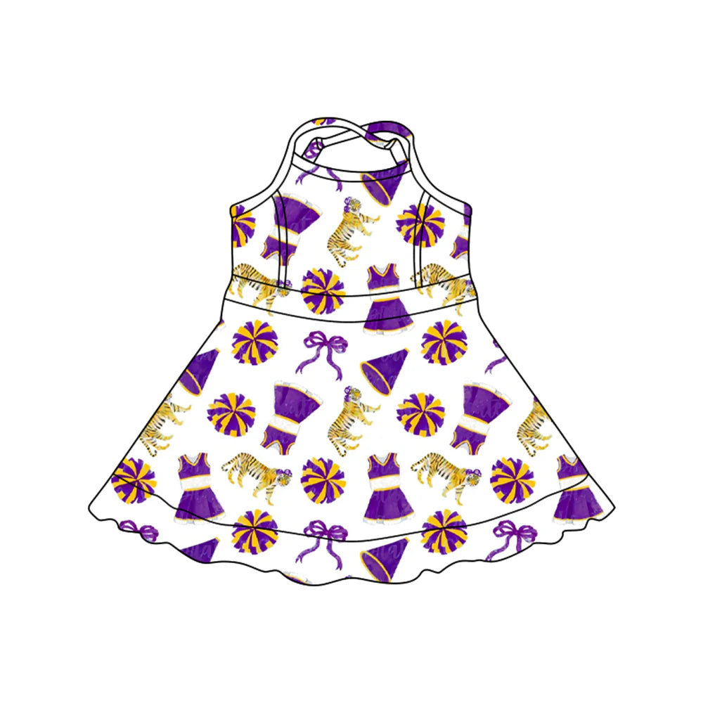 ( Moq 5 ) Preorder Baby Girls Kids Straps Tigers Purple Bows Team Cheer Yoga Shorts Knee Length Dress