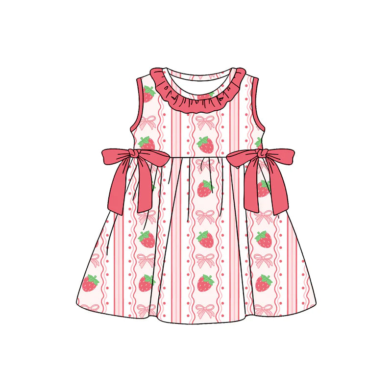 ( Moq 5 ) Preorder Baby Girls Kids Sleeveless Strawberry Pink Bows Knee Length Dress