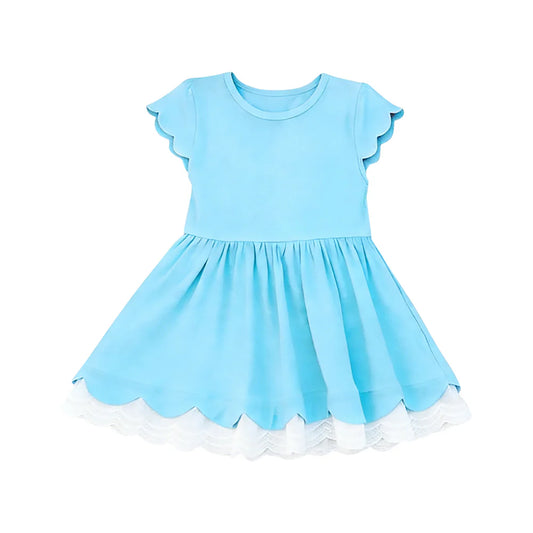 ( Moq 5 ) Preorder Baby Girls Kids Blue Short Sleeves Ruffle Knee Length Dress