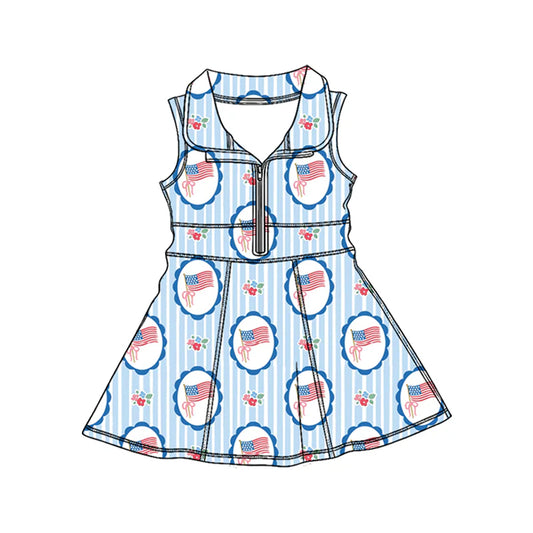 ( Moq 5 ) Preorder Baby Girls Kids Flags Bows Blue Stripes 4th of July Yoga Shorts Zipper Knee Length Dress
