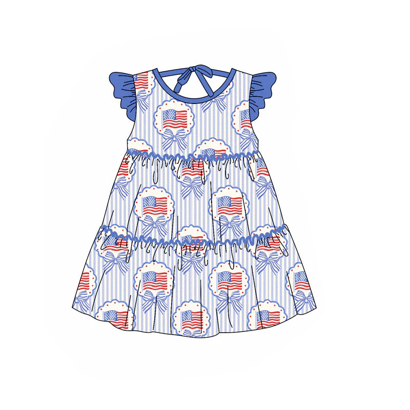 ( Moq 5 ) Preorder Baby Girls Kids Short Sleeves Blue Bows Flags 4th of July Knee Length Dress
