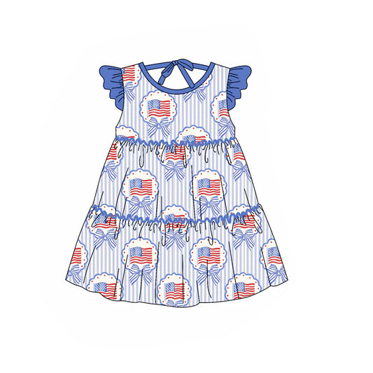( Moq 5 ) Preorder Baby Girls Kids Short Sleeves Blue Bows Flags 4th of July Knee Length Dress
