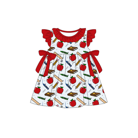 ( Moq 5 ) Preorder Baby Girls Kids Short Sleeves Apple Pencil Bows Back to School Knee Length Dress