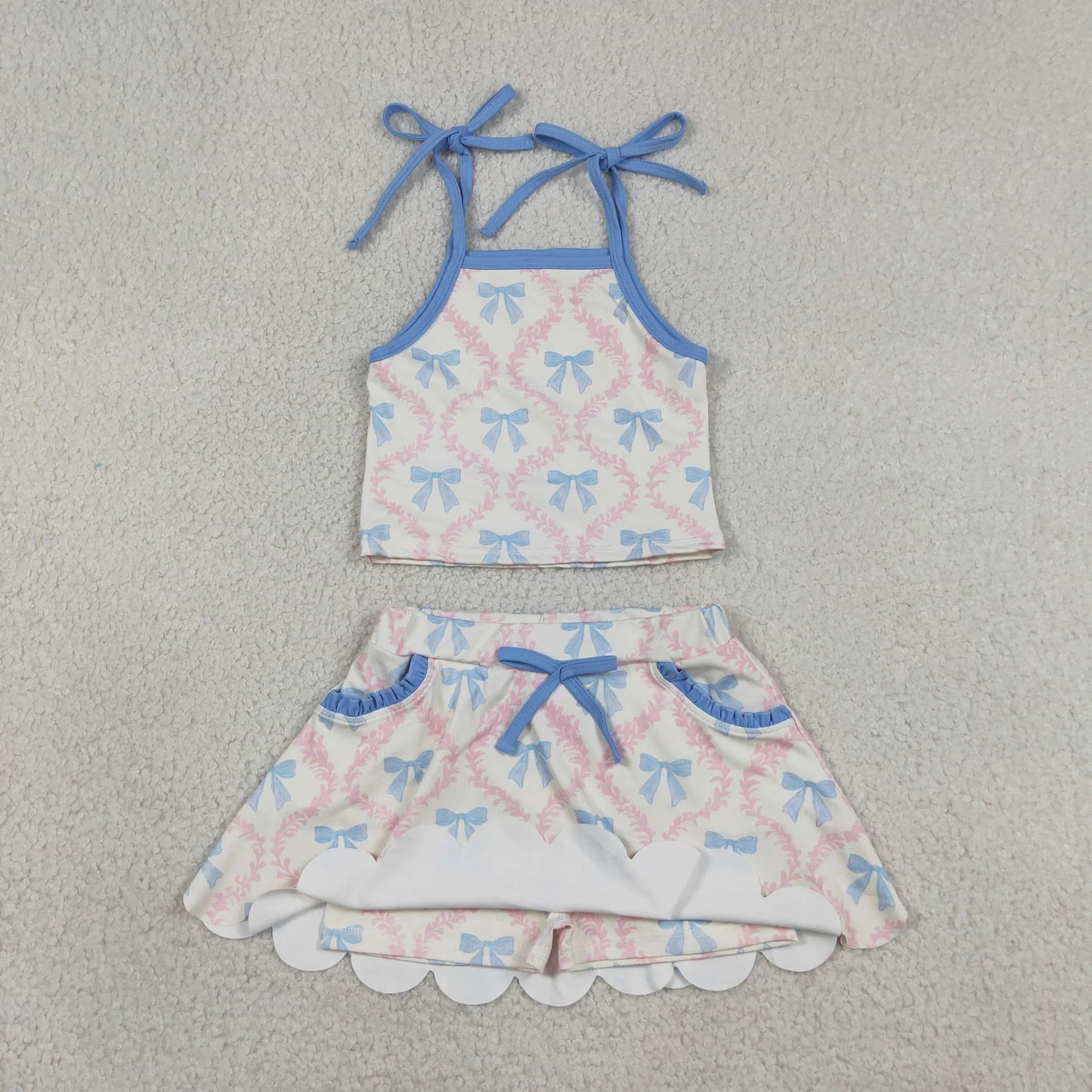 Sibling Baby Girls Kids Sleeveless Flower Bows Tops Pockets Skirts Shorts Sets Yoga Active Clothes RTS