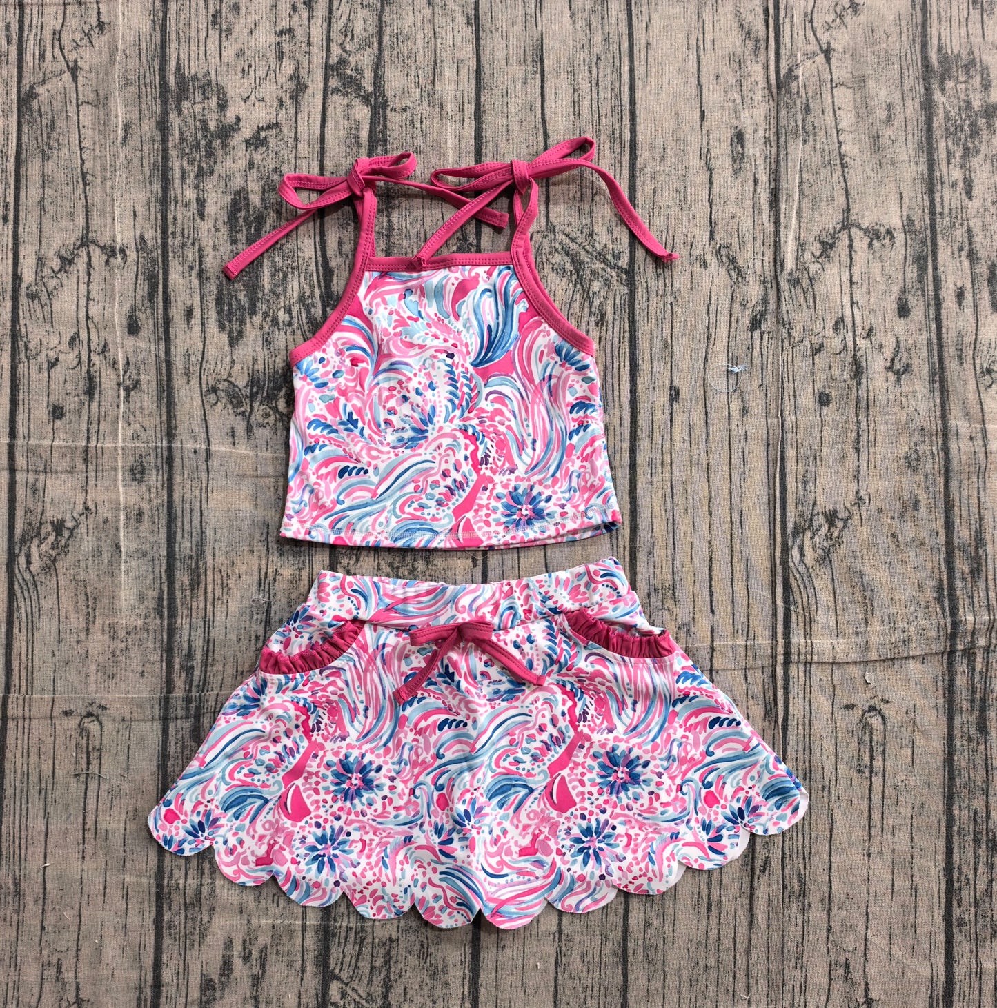( No moq ) Preorder Baby Girls Kids Straps Colorful Tops Pockets Skirt Shorts Yoga Set
