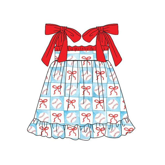 ( Moq 5 ) Preorder Baby Girls Kids Straps Baseball Bows Summer Knee Length Dress