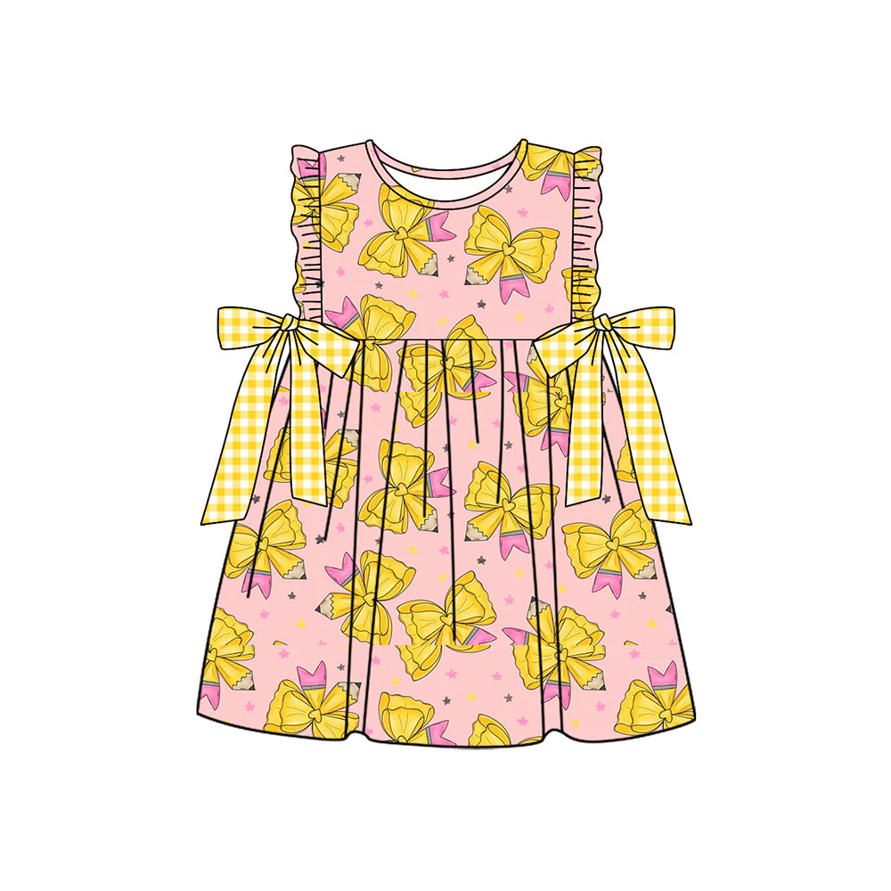 ( Moq 5 ) Preorder Baby Girls Kids Pencil Bows Back to School Ruffle Knee Length Dress