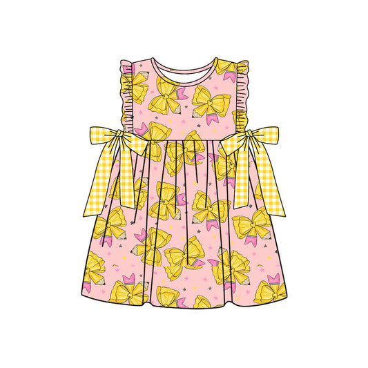 ( Moq 5 ) Preorder Baby Girls Kids Pencil Bows Back to School Ruffle Knee Length Dress