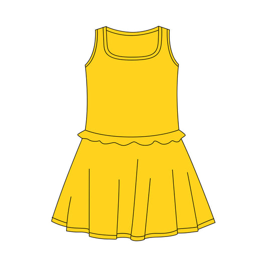 ( Moq 5 ) Preorder Baby Girls Kids Sleeveless Yellow Ruffle Yoga Shorts Knee Length Dress
