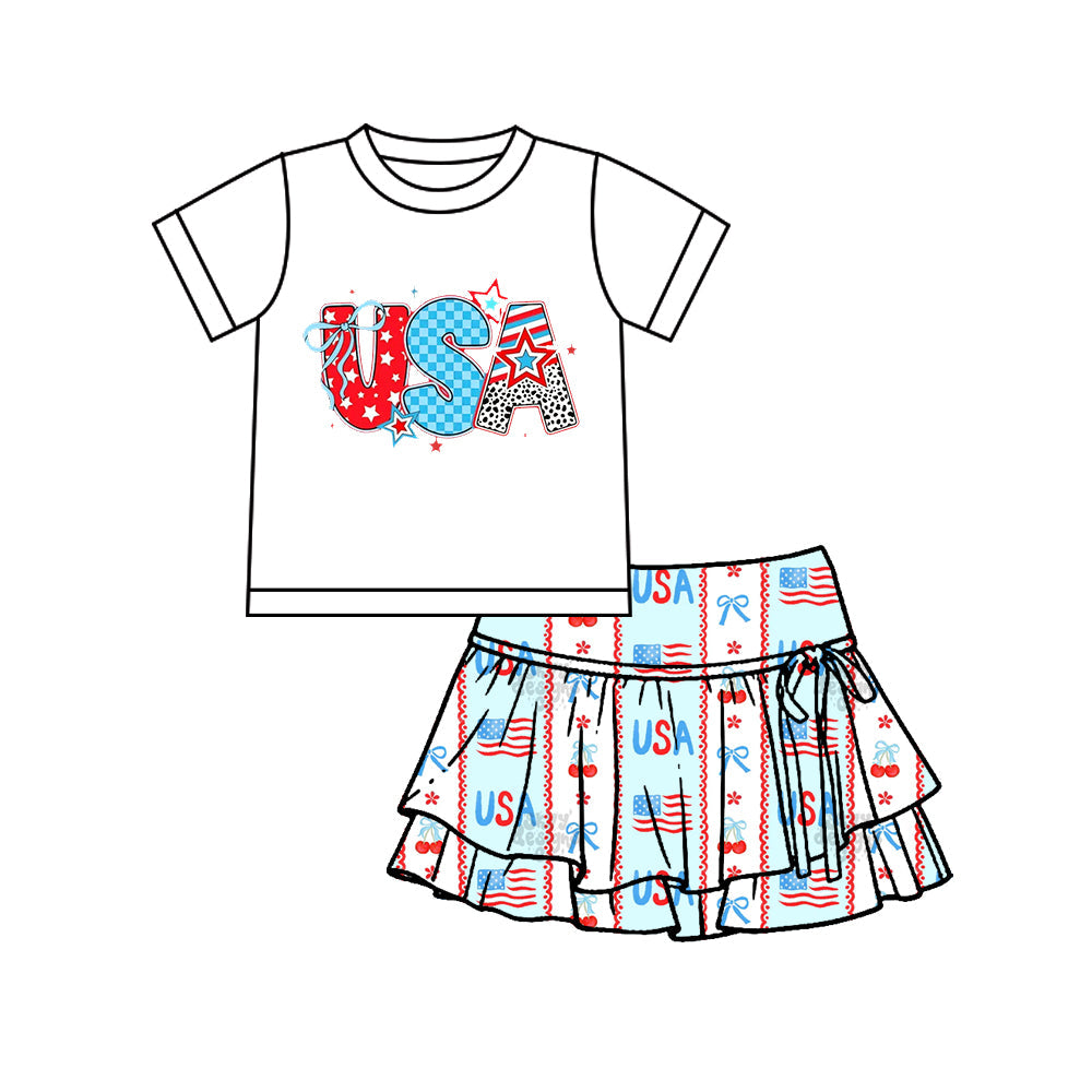 ( Moq 5 ) Preorder Baby Girls Kids White Shirt USA Flags Bows Shorts Skirt 4th of July Yoga Set