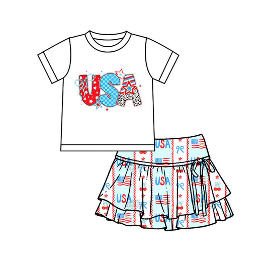 ( Moq 5 ) Preorder Baby Girls Kids White Shirt USA Flags Bows Shorts Skirt 4th of July Yoga Set