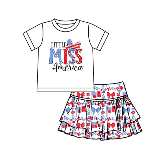 ( Moq 5 ) Preorder Baby Girls Kids White Short Sleeves Shirt Flags Bows Flower Shorts Skirt 4th of July Yoga Set