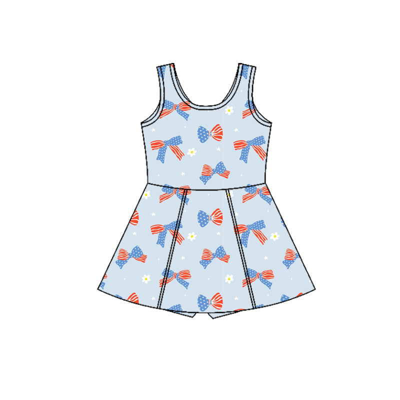 ( Moq 5 ) Preorder Baby Girls Toddler Bows Flower 4th of July Blue Yoga Shorts Knee Length Dress