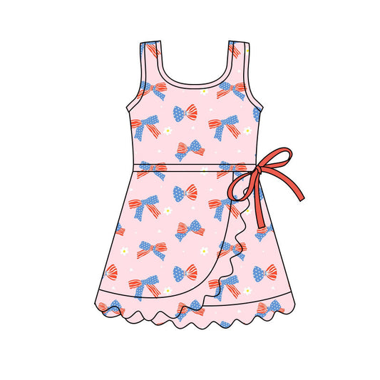 ( Moq 5 ) Preorder Baby Girls Kids Bows Flower Pink Scallop 4th of July Yoga Shorts Knee Length Dress