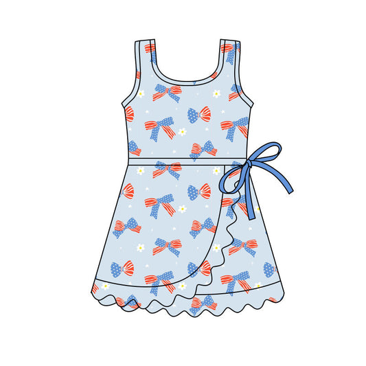 ( Moq 5 ) Preorder Baby Girls Kids Bows Flower Scallop 4th of July Yoga Shorts Knee Length Dress