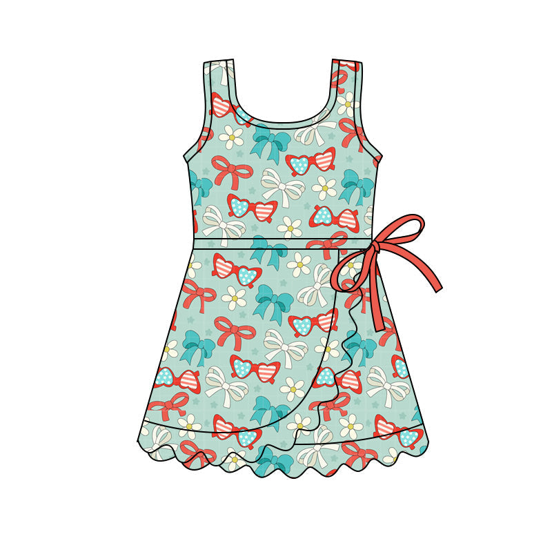 ( Moq 5 ) Preorder Baby Girls Kids Glasses Bows Flower Scallop 4th of July Yoga Shorts Knee Length Dress