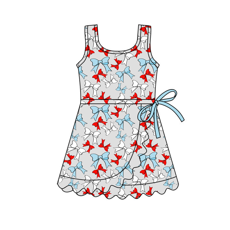 ( Moq 5 ) Preorder Baby Girls Kids Red Blue Bows Scallop 4th of July Yoga Shorts Knee Length Dress