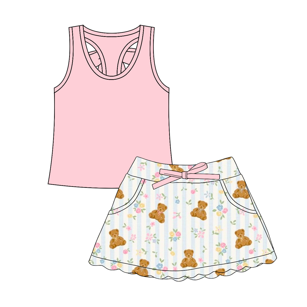( Moq 5 ) Preorder Baby Girls Pink Vest Tops Bear Floral Bows Pockets Shorts Skirt Clothes Set