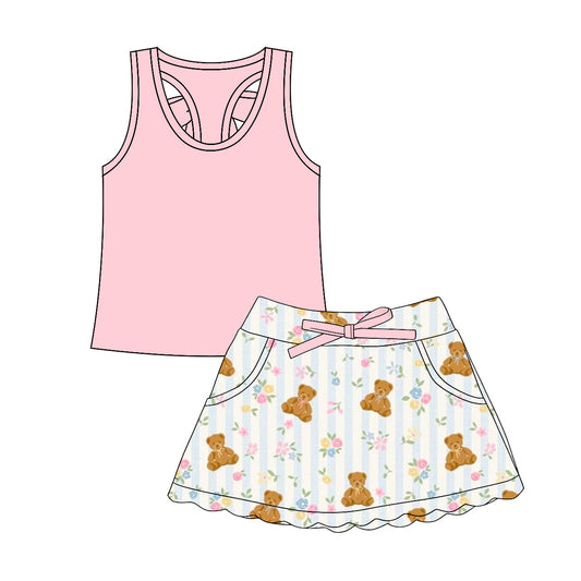 ( Moq 5 ) Preorder Baby Girls Pink Vest Tops Bear Floral Bows Pockets Shorts Skirt Clothes Set