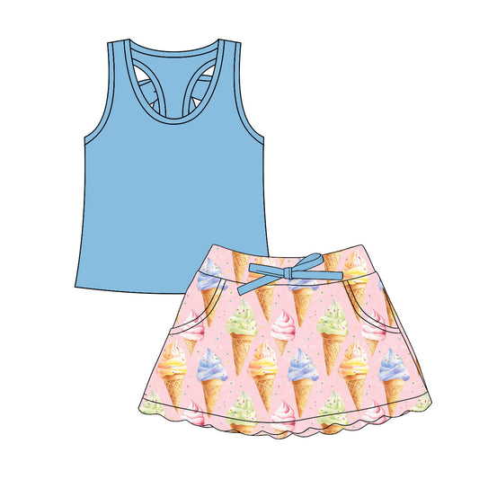 ( Moq 5 ) Preorder Baby Girls Blue Vest Tops Popsicles Pockets Shorts Skirt Clothes Set