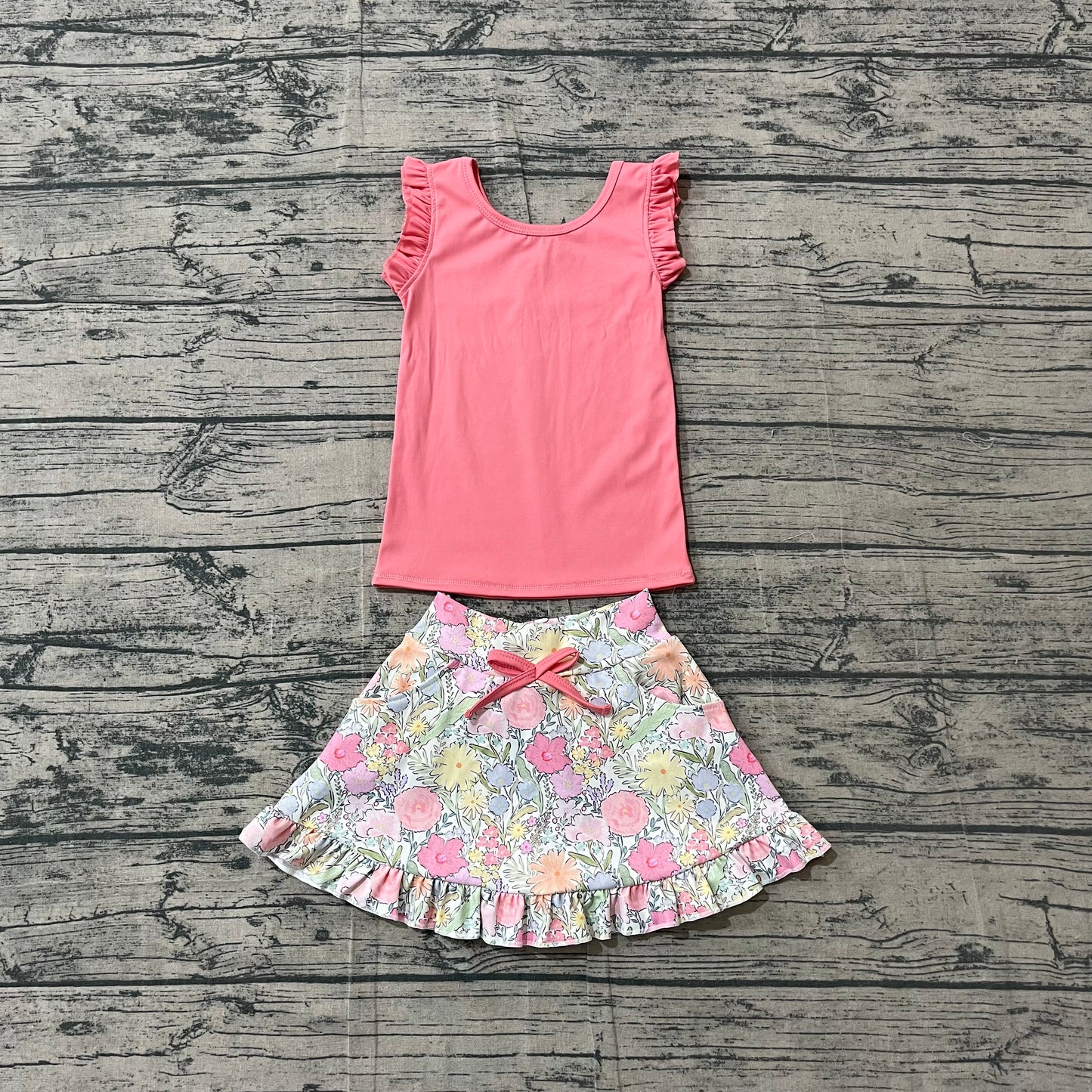 ( No moq ) Preorder Baby Girls Kids Sleeveless Pink Tops Flower Pockets Scallop Skirt Shorts Yoga Clothes Set