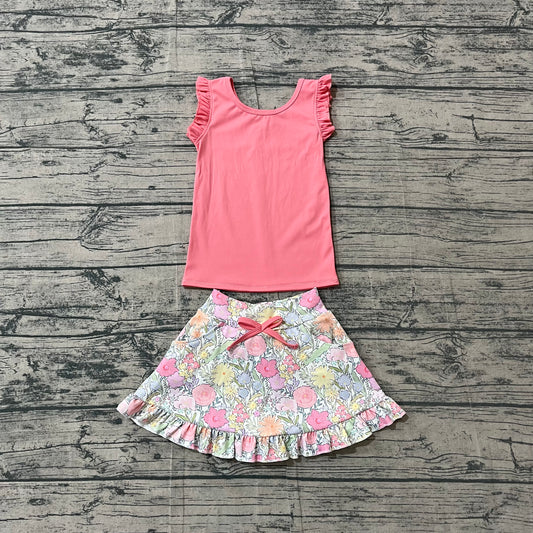 ( No moq ) Preorder Baby Girls Kids Sleeveless Pink Tops Flower Pockets Scallop Skirt Shorts Yoga Clothes Set