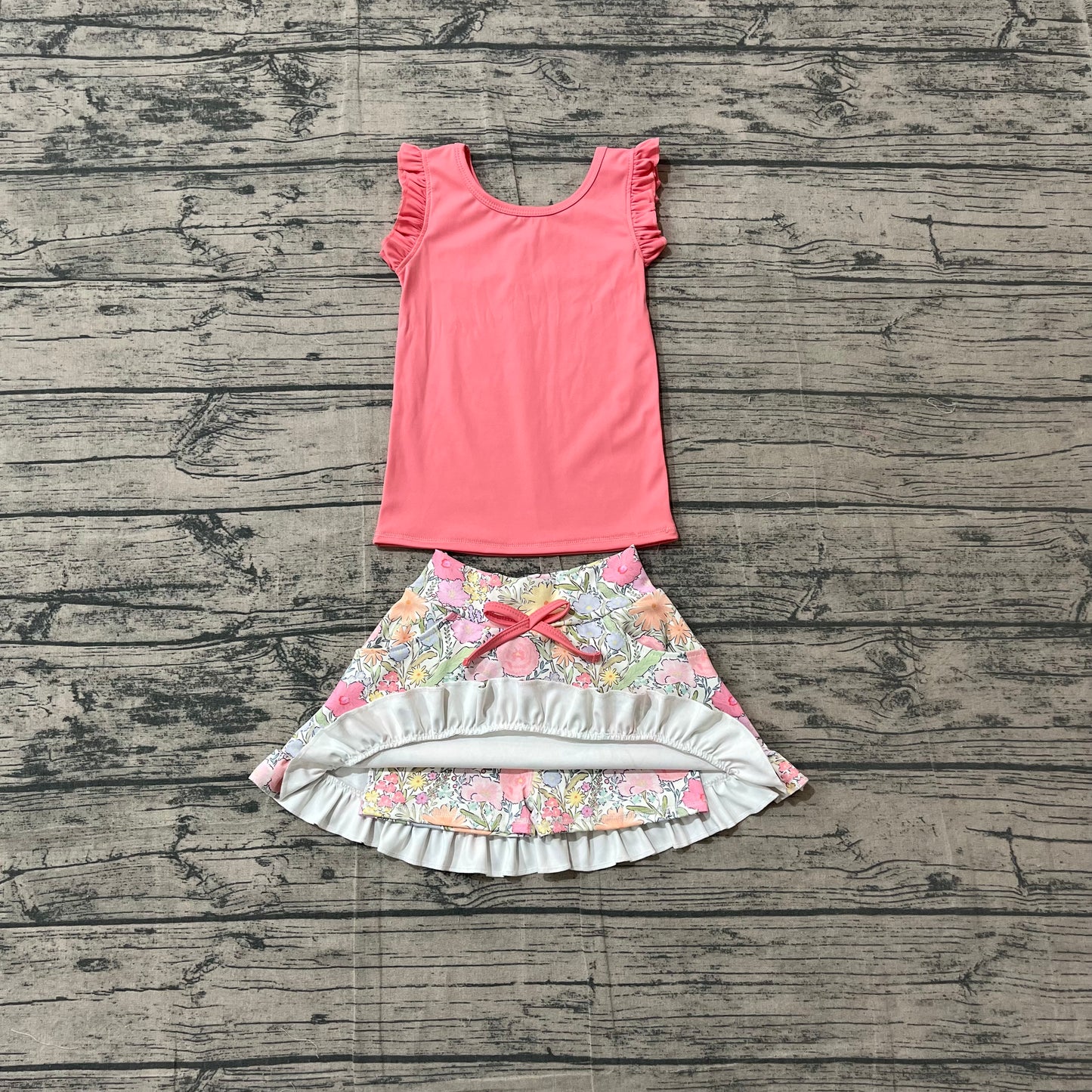 ( No moq ) Preorder Baby Girls Kids Sleeveless Pink Tops Flower Pockets Scallop Skirt Shorts Yoga Clothes Set