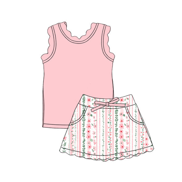 ( Moq 5 ) Preorder Baby Girls Kids Pink Tops Floral Pockets Scallop Skirt Shorts Yoga Clothes Summer Set