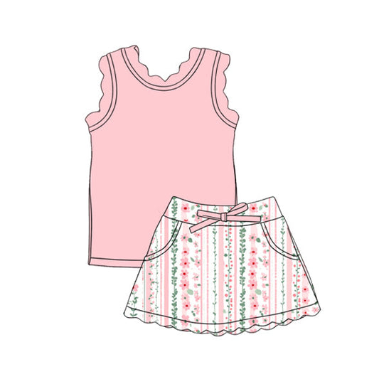 ( Moq 5 ) Preorder Baby Girls Kids Pink Tops Floral Pockets Scallop Skirt Shorts Yoga Clothes Summer Set