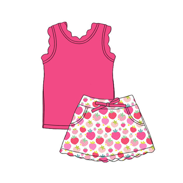 ( Moq 5 ) Preorder Baby Girls Kids Pink Tops Strawberry Pockets Scallop Skirt Shorts Yoga Clothes Summer Set