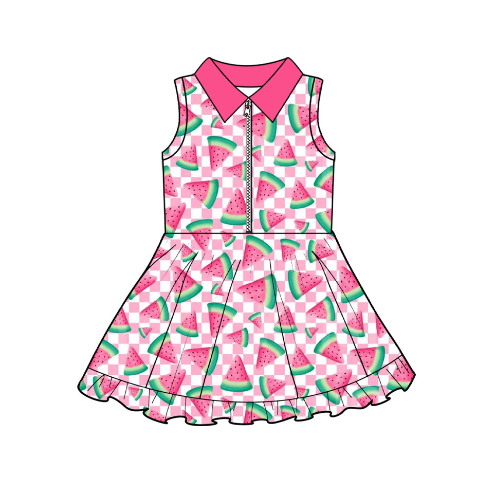 ( Moq 5 ) Preorder Baby Girls Kids Watermelon Pink Plaid Zipper Yoga Knee Length Dress