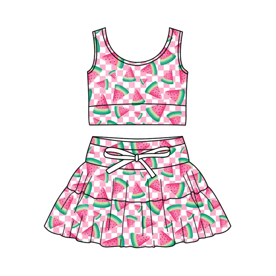 ( Moq 5 ) Preorder Baby Girls Kids Watermelon Pink Plaid Tops Skirt Shorts Yoga Clothes Set
