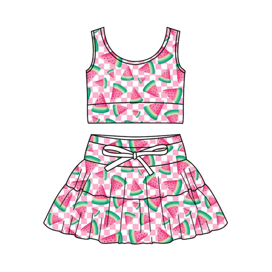 ( Moq 5 ) Preorder Baby Girls Kids Watermelon Pink Plaid Tops Skirt Shorts Yoga Clothes Set