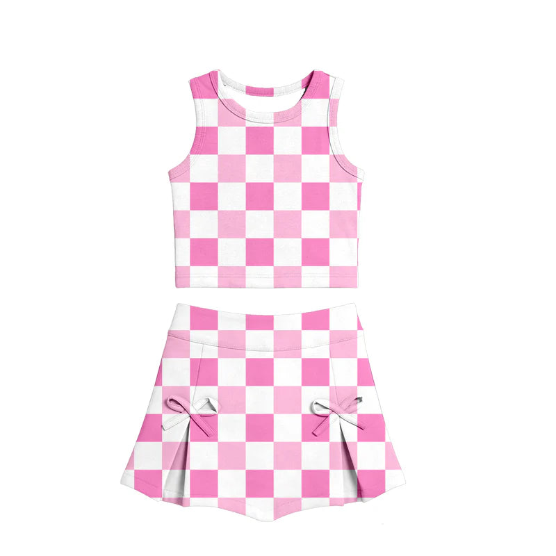 ( Moq 5 ) Preorder Baby Girls Kids Pink Checked Tops  Bows Skirt Shorts Yoga Summer Set