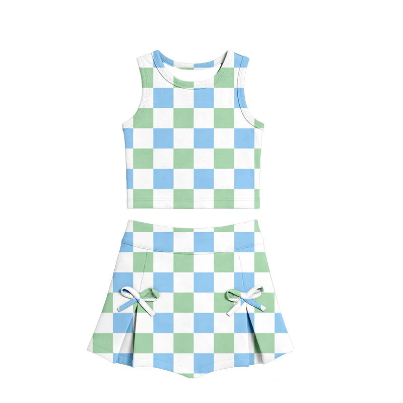 ( Moq 5 ) Preorder Baby Girls Kids Blue Green Checked Tops  Bows Skirt Shorts Yoga Summer Set